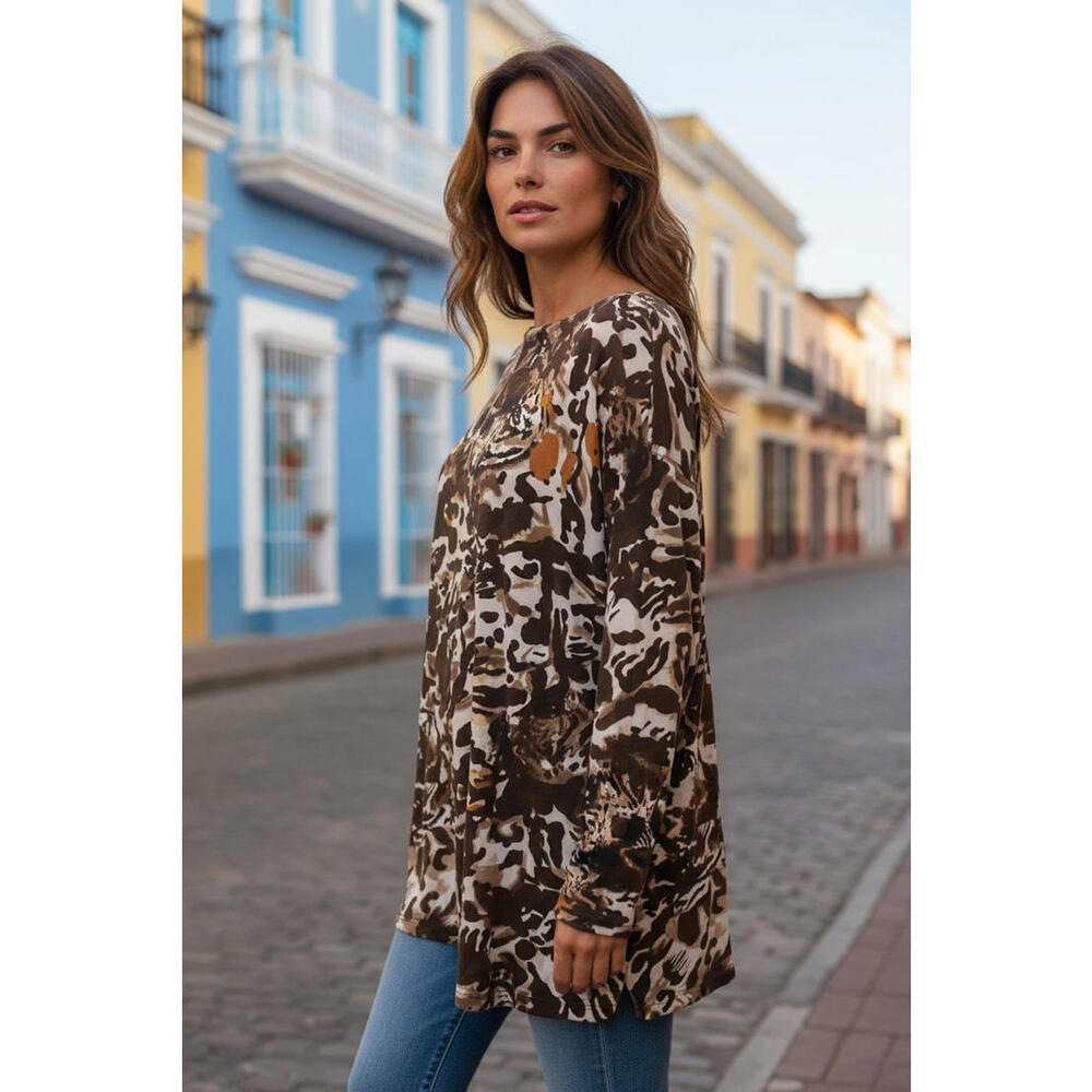 Investments II Womens 3X Blouse Brown Tan Abstract Print Long Sleeve Stretch Top